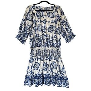 Boston Proper Dress Womens Medium Blue Cream Design Smocked Waist Blousy Peasant